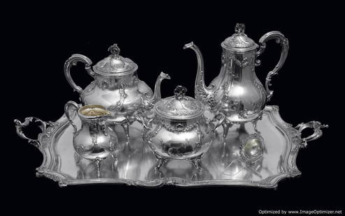 BOULENGER ANTIQUE 6pc. ROCAILLE STERLING SILVER TEA / COFFEE SET, 1850-1899: Title: BOULENGER 8pc LOUIS XVI ANTIQUE FRENCH 950 STERLING SILVER TEA SET + TRAY, 1850-1899 Description:Direct from Paris, A Superb 8pc. 19th Century Louis XVI Sterling Silver Tea Set by the one of Fr