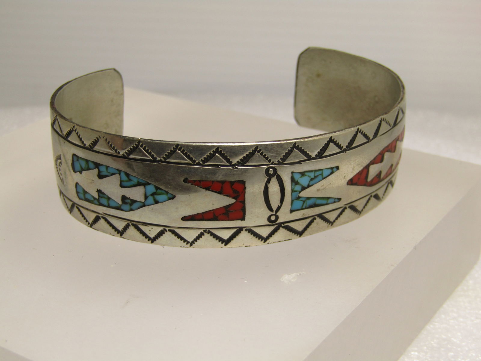 Vintage Southwestern Cuff Bracelet, Inlaid Faux Coral/Turquoise Chip, 7.5", Unisex, 1970's, Signed (1 of 8)