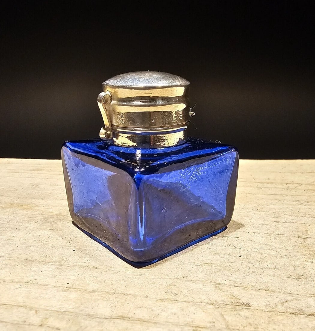 Cobalt Blue Square Glass Inkwell Ink pot Bottle (1 of 12)