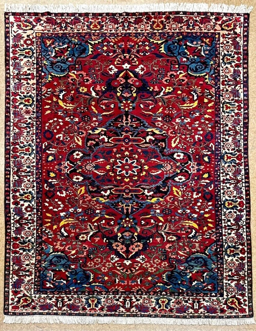 Persian Antique Bakhtiari Bibibaft Hand Knotted Tribal Wool Oriental Area Rug 7'7" x 10'4": Description: • Rug Number: H110 • Country of Origin: Iran • Style, Design: Persian Bakhtiari, Nomadic, Geometric, Tribal • Size (Ft): 7'7" x 10'4" • Colors: Reds, Blues,