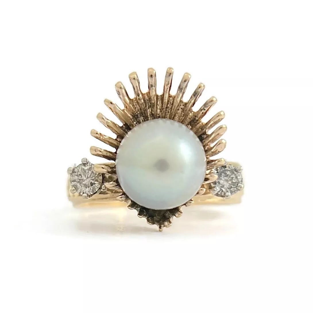 Vintage 1940's 1950's Crimped Fan Pearl Diamond Ring 14K Yellow Gold, 7.14 Grams (1 of 7)