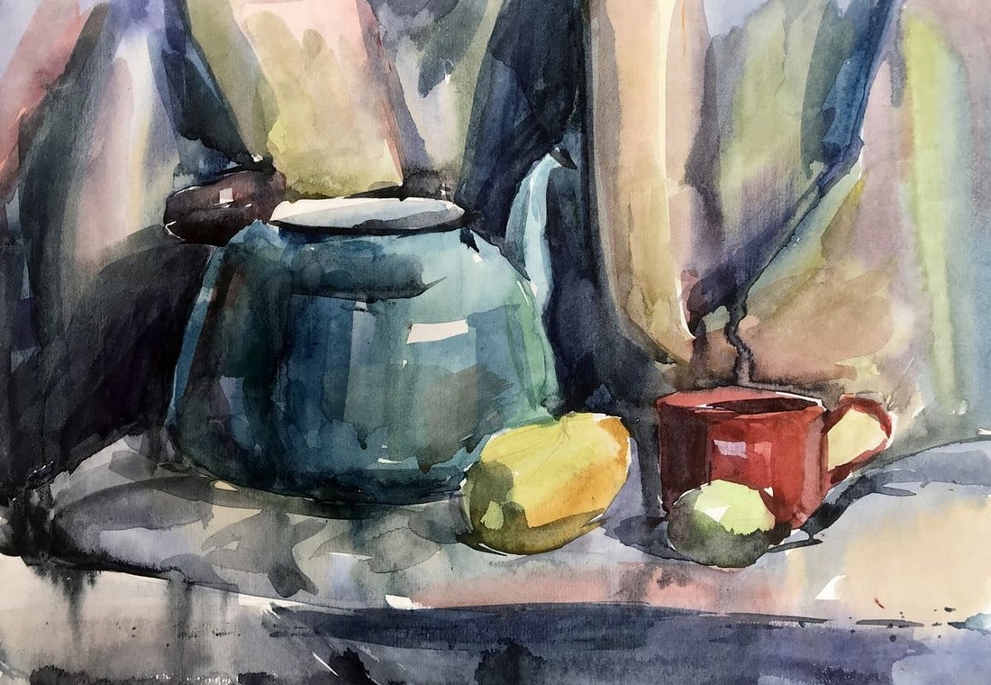 Watercolor painting Breakfast Unknown artist: №AAA2781 The watercolor painting is a lovely still life that captures the vibrant colors of a yellow pepper and a green apple. The pepper is situated towards the left side of the composition, wh