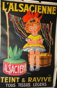 Original Vintage c.1930 "L'Alsacienne" Fabric Dye Poster Linen Backed: L'Alsacienne is a fabric dye sold in France. In this c.1930 lithograph printed on two stones, a young Raggedy Anne looking girl patiently waits for the very colorful strips to dry. The poster is linen