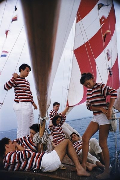 Slim Aarons 'Adriatic Sailors' 1956 Oversize Unframed C Type Print: Description Slim Aarons 'Adriatic Sailors' 1956 Oversize Unframed c type print Young holidaymakers from Milan enjoy a sail on the Adriatic, 1956. (Photo by Slim Aarons) Unframed C Type Print Print Siz