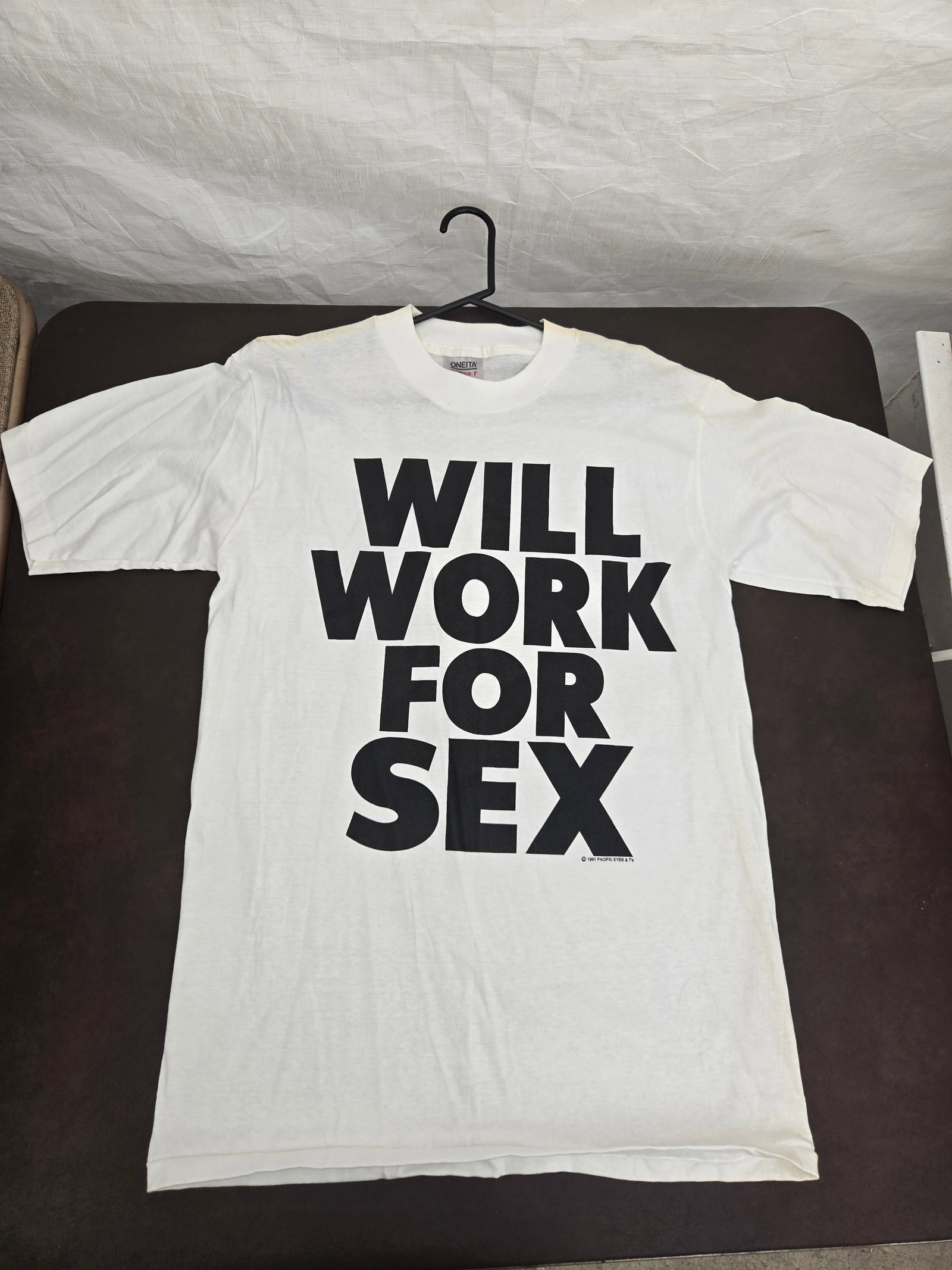Vintage 90's Will Work For Sex T-shirt: Title: Vintage 90's Will Work For Sex T-shirt Origin: USA Date/Period: 90's Material: Cotton Size/Dimensions: L Description: Brand New, Never worn, Might have small stains due to aging and storage Res