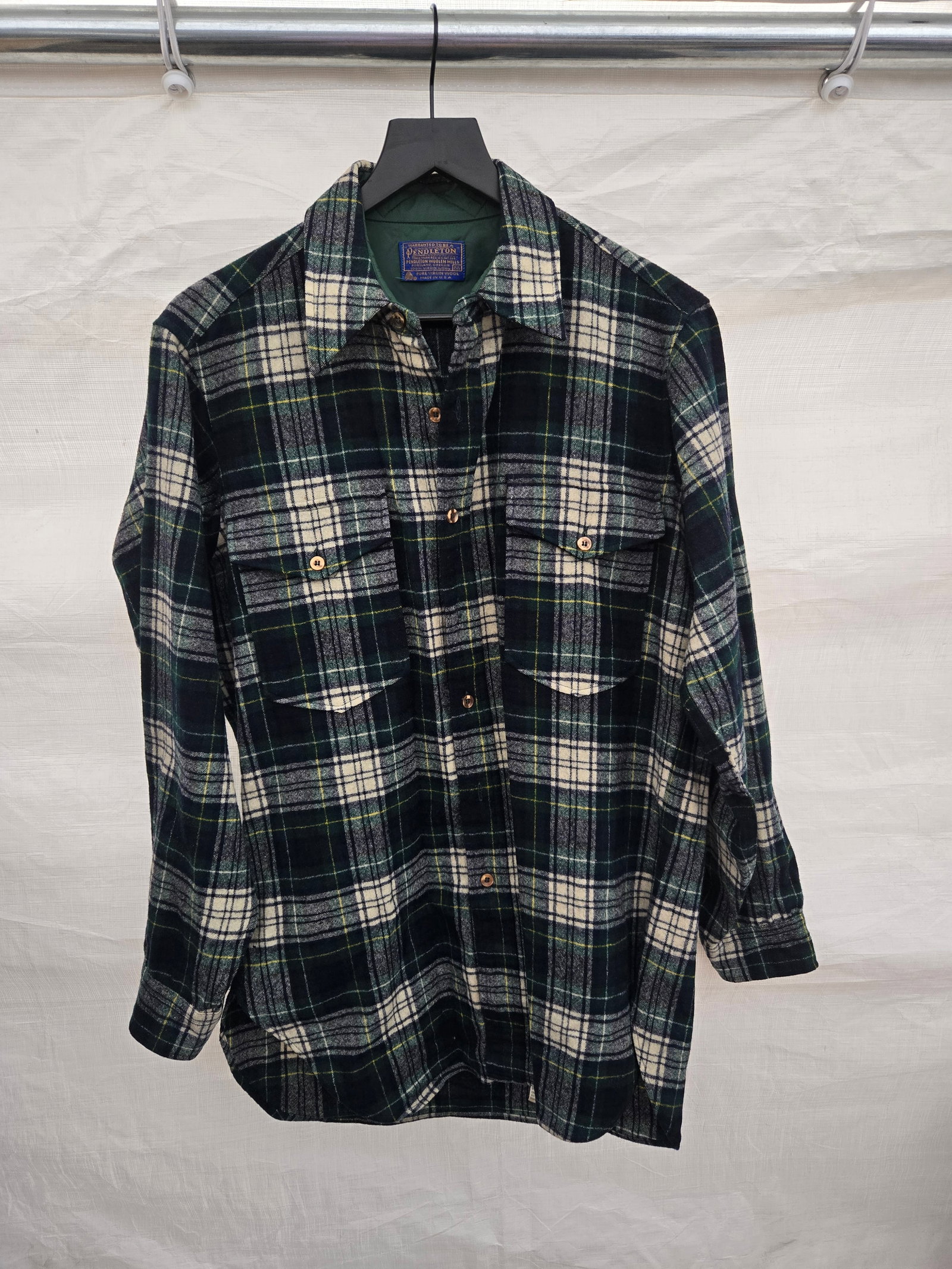 Vintage 90's Pendleton Green Shirt: Title: Vintage 90's Pendleton Green Shirt Origin: USA Date/Period: 90's Material: Wool Size/Dimensions: M Description: Pre-Owned, Vintage, Might have stains due aging and storage. Reserve: $10.00 Ship