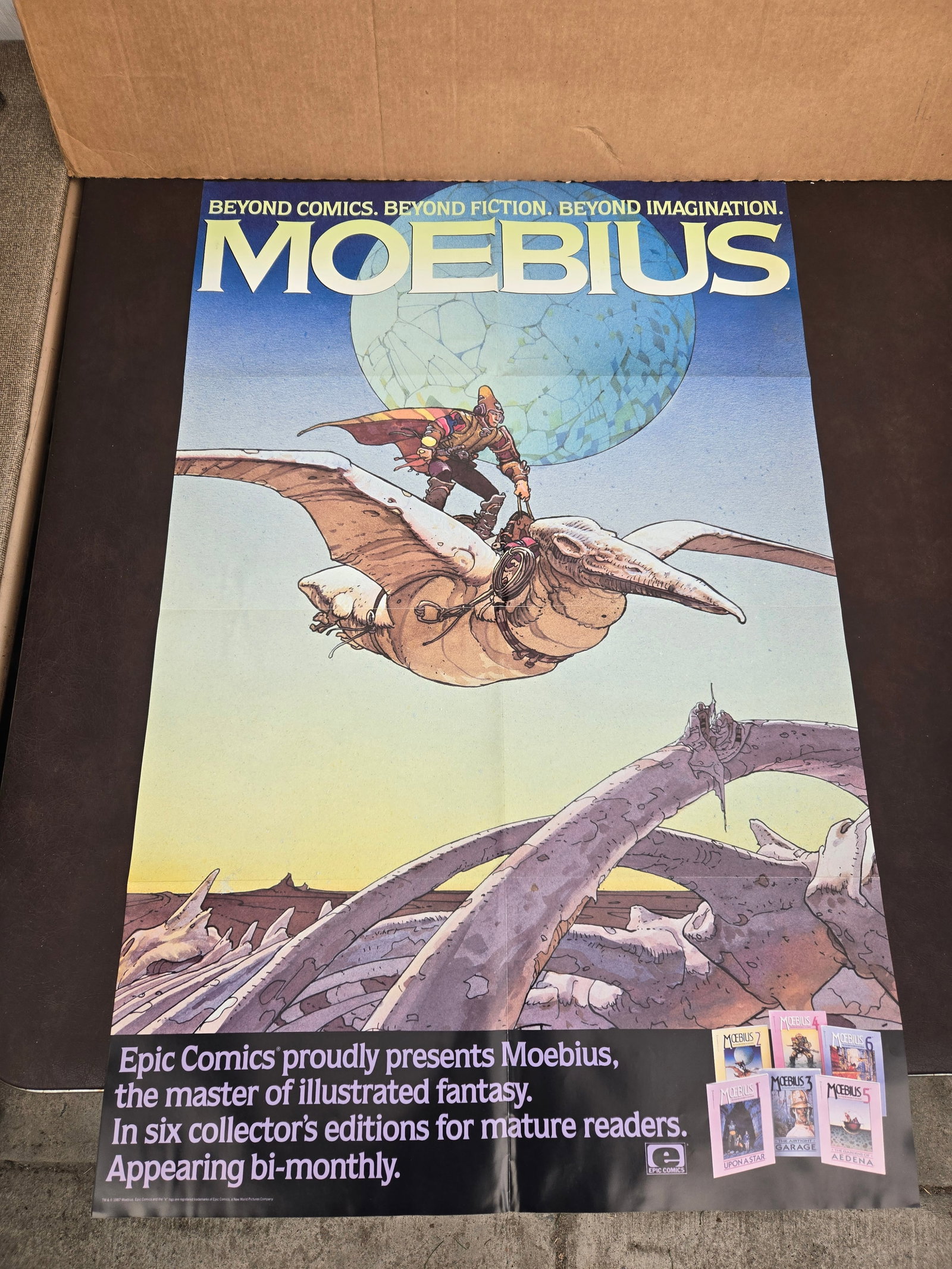 1987 Moebius Poster: Title: 1987 Moebius Poster Origin: USA Date/Period: 1987 Description: Vintage Posters some with water damaged Reserve: $10.00 Shipping: Domestic: Flat-rate of $10.00 to anywhere within the contiguous 