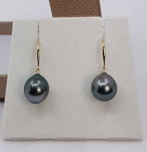 10x11mm Peacock Tahitian Pearl Drops - 14kt gold - Yellow gold - Earrings: Title: 10x11mm Peacock Tahitian Pearl Drops - 14kt gold - Yellow gold - Earrings Description: Produced by the Pinctada Margaritifera oyster in the tropical lagoons of French Polynesia, these pearls ha