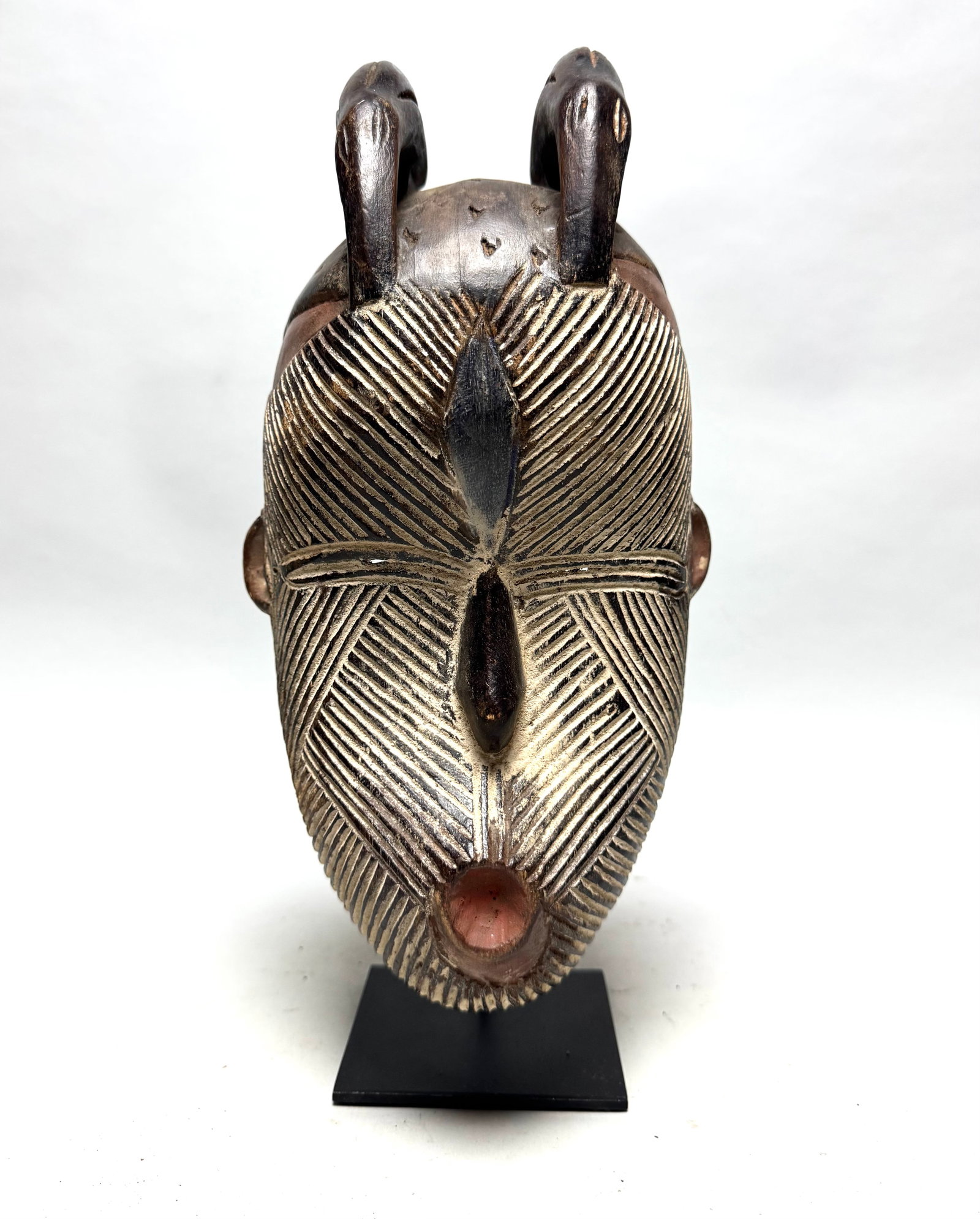 Kifwebe - War Mask - Wood - Africa: This mask nicely patinated in dark and white stripes. Well cut pretty beautiful bulging eyes and protruding mouth. Male masks have a crest that runs into the nose. A beautifully striking piece with a 