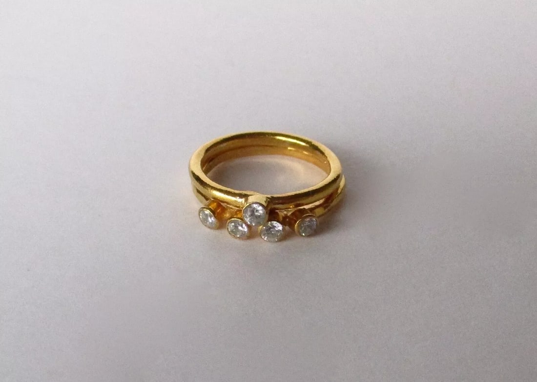 Vintage Minimalist/Boho Wedding Ring Set/Stackable in Vermeil and White Topaz: Vintage Minimalist/Boho Wedding Ring Set - Stackable Rings Circa. 1990 American New-old stock Made in the early 1990's but never worn. Brand new! Vermeil (yellow gold over sterling silver) Hand made w