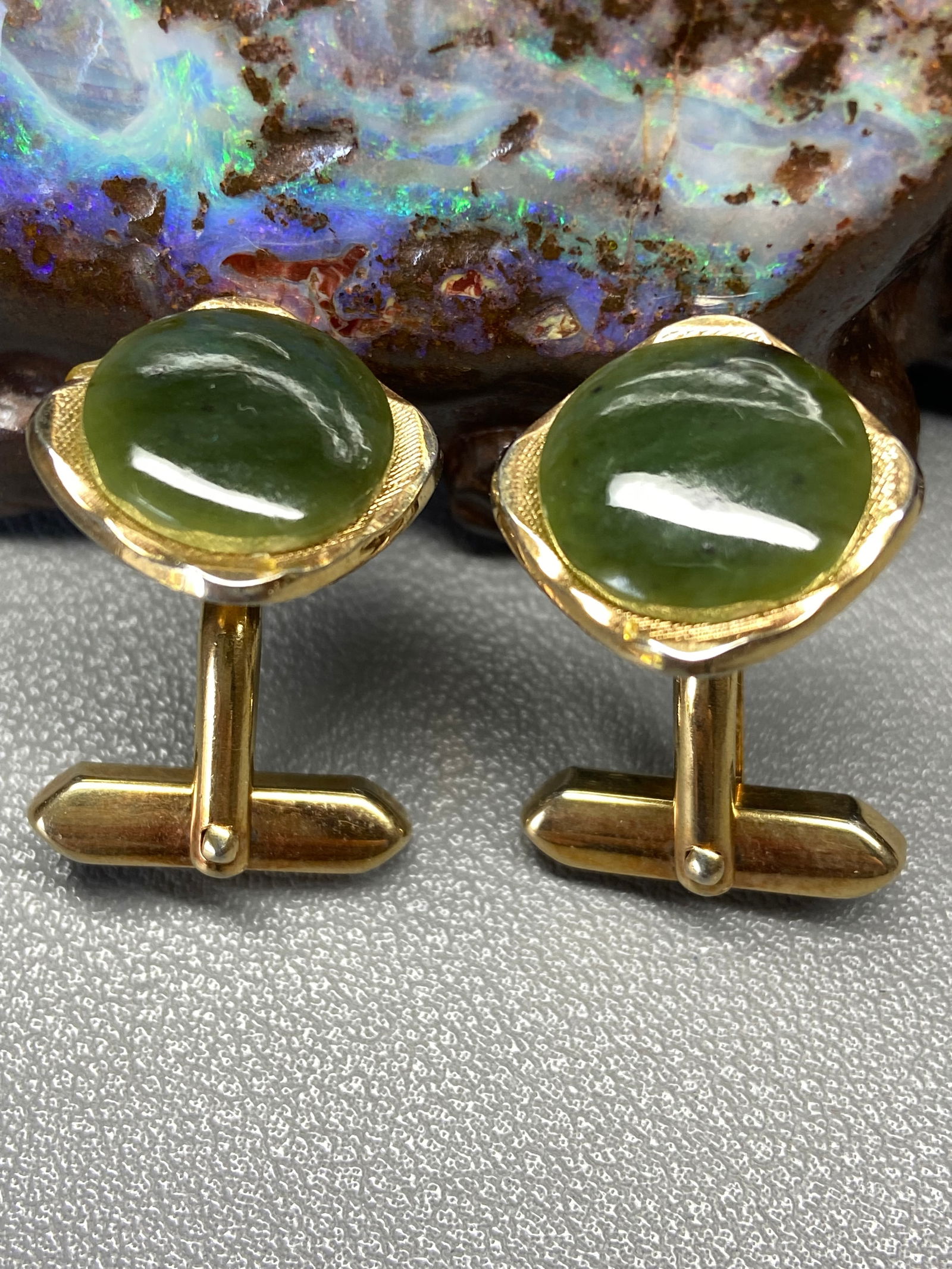 Art Deco 22ct Gold Plated Cufflinks with Spinach Green Nephrite Jade (1 of 5)