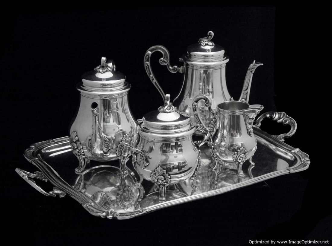 D.R. - FRENCH ANTIQUE 19th CENTURY 5 pc. SILVER PLATED TEA SET WITH SERVING TRAY !!: Title: D.R. - FRENCH ANTIQUE 19th CENTURY 5 pc. SILVER PLATED TEA SET WITH SERVING TRAY !! Description:Direct from Paris, Another Major Find , A Stunning 19th Century French 5 Piece Antique Silver Pla