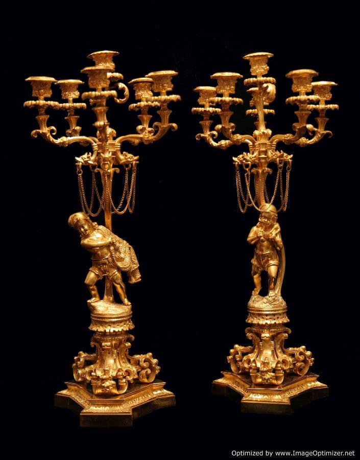 TWO CANDELABRA, FRENCH ANTIQUE GOLD PLATED BRONZE, MUSEUM QUALITY !!: Title: TWO CANDELABRA, FRENCH ANTIQUE GOLD PLATED BRONZE, MUSEUM QUALITY !! Description:An Amazing Set of 19th Century, Gold Plated Bronze Candelabra, Museum Quality, Absolutely Stunning. Imagine This