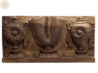 24" Wooden Vaishnava Symbols (Chakra, Tilak and Conch) Wall Panel: Title: 24" Wooden Vaishnava Symbols (Chakra, Tilak and Conch) Wall Panel Description: Wood Height: 12 inch Width: 24 inch Depth: 2 inch Weight: 3.20 kg Additional Information: Behold the divine harmon
