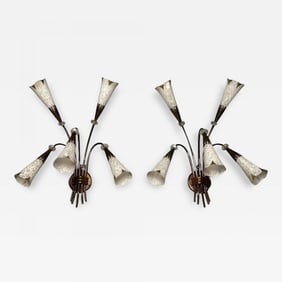 French Mid-Century Modern, Five Arm Sconces, Brass, Crystal, France, 1950s