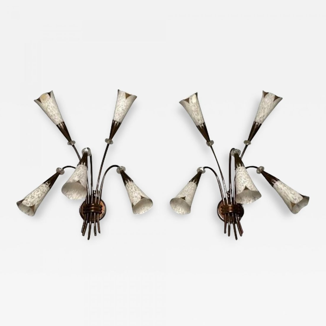 French Mid-Century Modern, Five Arm Sconces, Brass, Crystal, France, 1950s