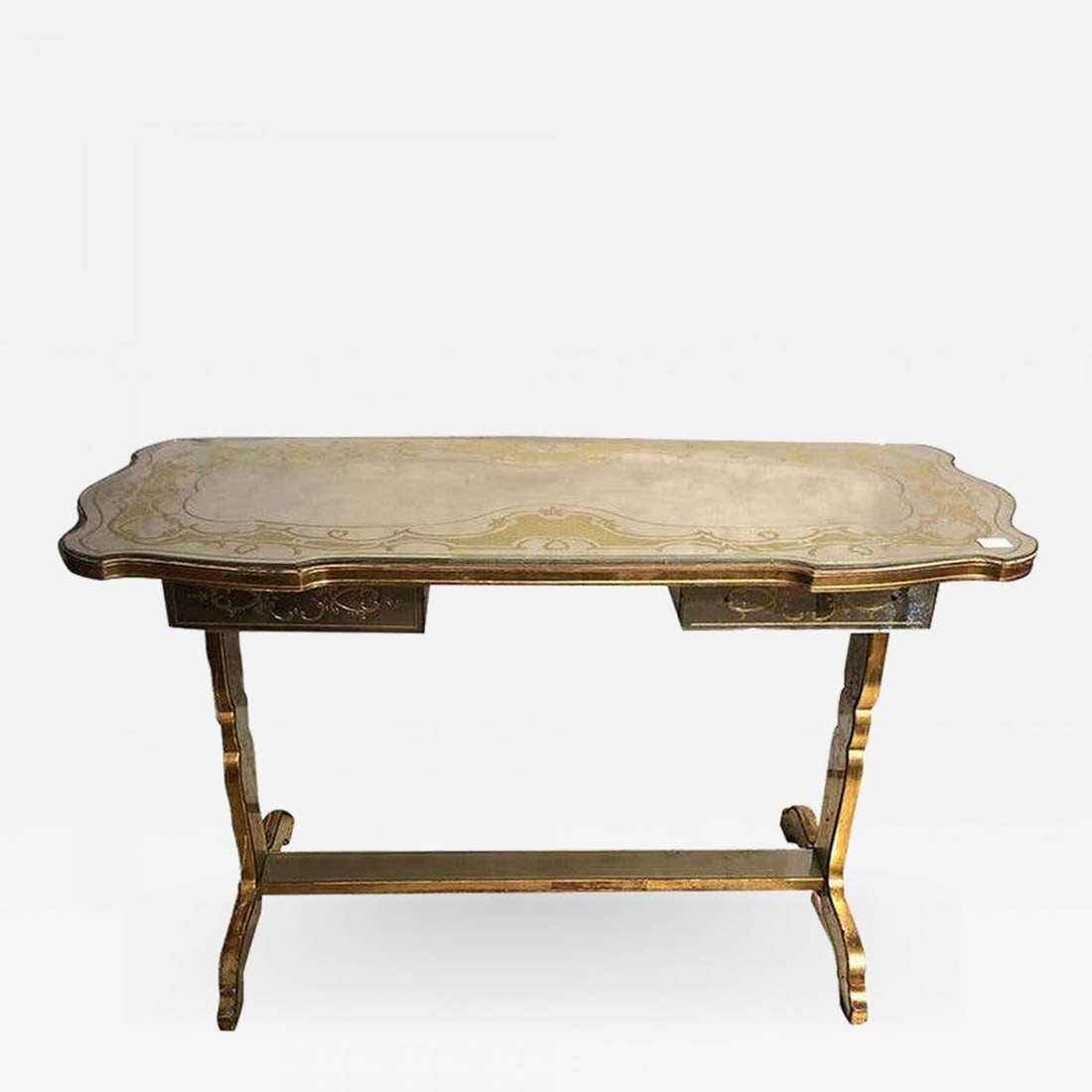 Jansen Fine Eglomise Double Drawer Etched Mirror and Silver Leaf Vanity Desk: Description: Hollywood Regency Maison Jansen fine églomisé double drawer etched mirror and silver leaf vanity desk or console table. Photographs do not do this one of a kind item any justice