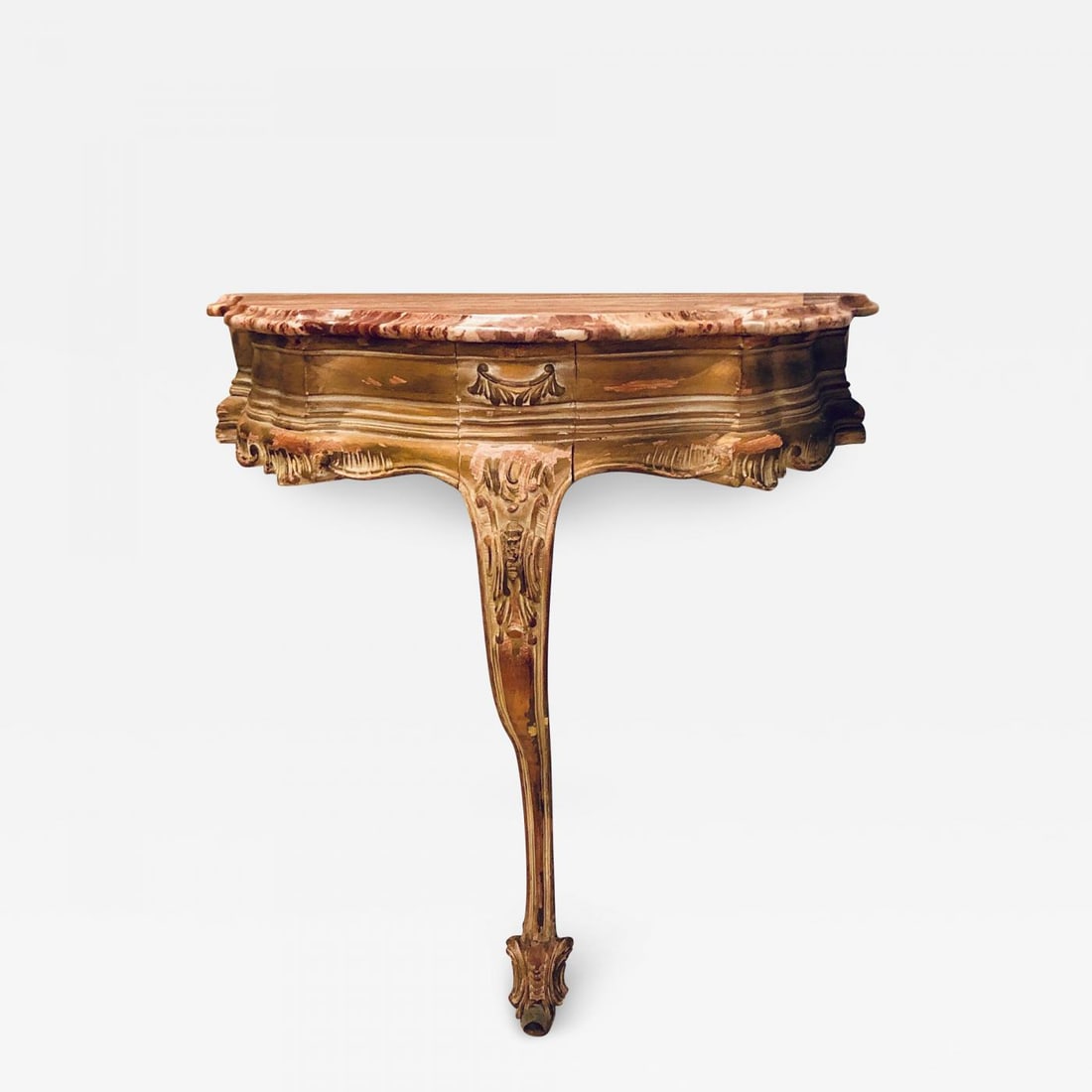 French Louis XV Style Distressed Antique Demi Lune Console, Rouge Marble Top: Description: French Louis XV Style Distressed Antique Demi Lune Console with a Rouge Marble Top. This is a simply stunning worn and distressed late 19th century marble top console table having a demi