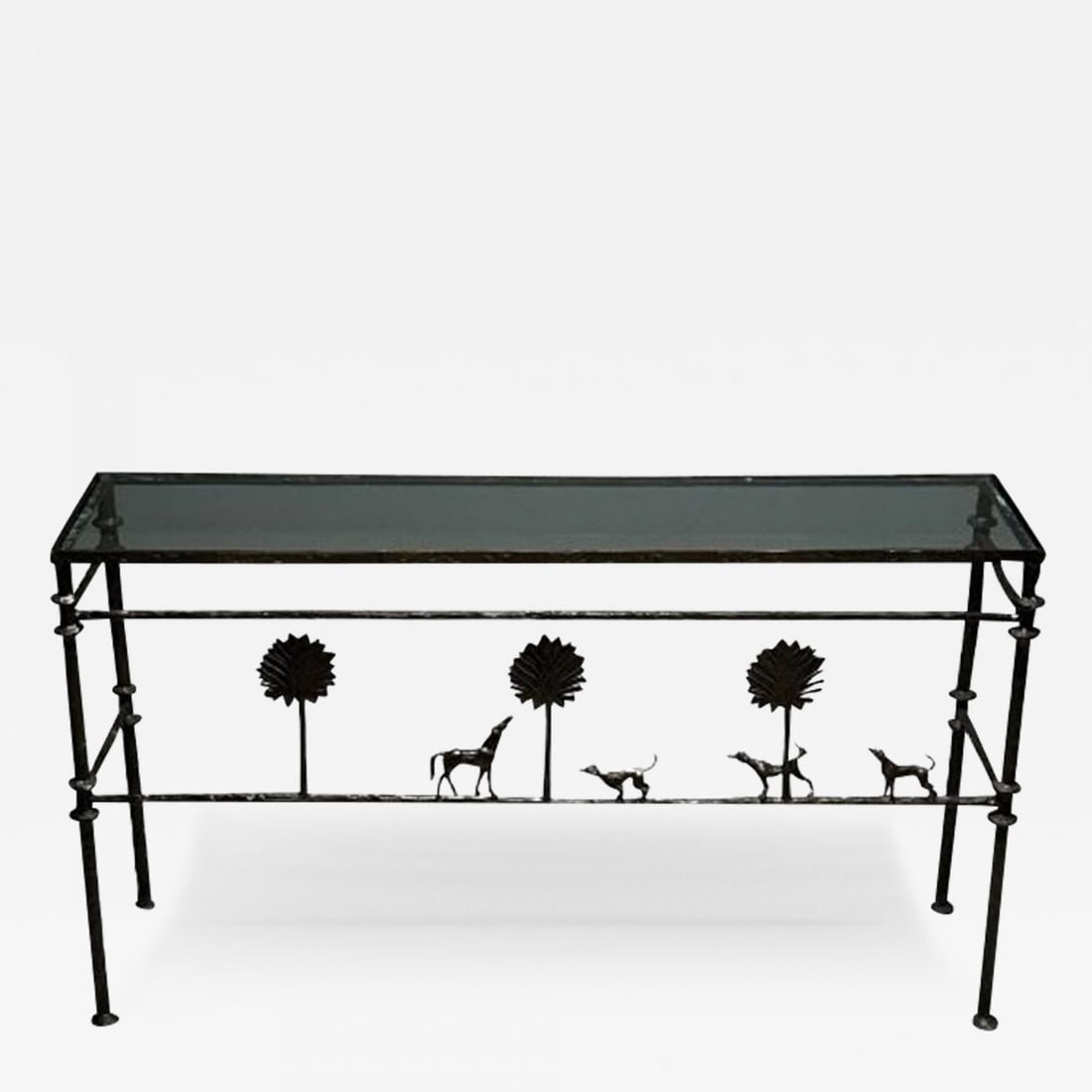 Giacometti Style, Mid-Century Modern, Console Table, Horse, Dog, Tree Motif: Description: Giacometti Style, Mid-Century Modern, Console Table, Iron, Glass, Dog, Horse and Tree of Life Motif A stunning wrought iron console with a thick glass top in fine condition. Its clean, si