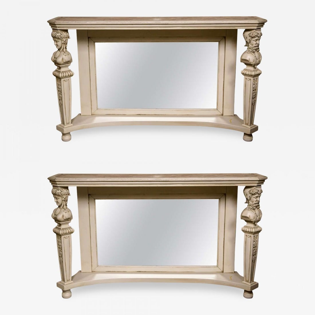 Pair of Marble-Top Painted Pier Console Tables: Description: Each distress painted off-white, the oblong marble insert on top, supported on a mirrorred backsplat and two front columns headed on figural motifs, joint with a lower platform, raised on