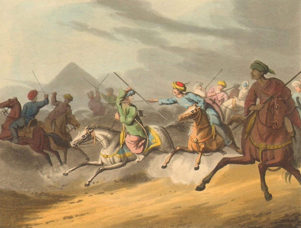 EGYPT. Mamalukes Mamluks exercising spears sticks javelins. Horses (Orme) 1814: CAPTION PRINTED BELOW PICTURE: 'Mamalukes exercising the Spear' DATE PRINTED: 1814 IMAGE SIZE: Approx 13.0 x 17.5cm, 5.25 x 6.75 inches (Small) TYPE: Antique aquatint print with original hand colourin