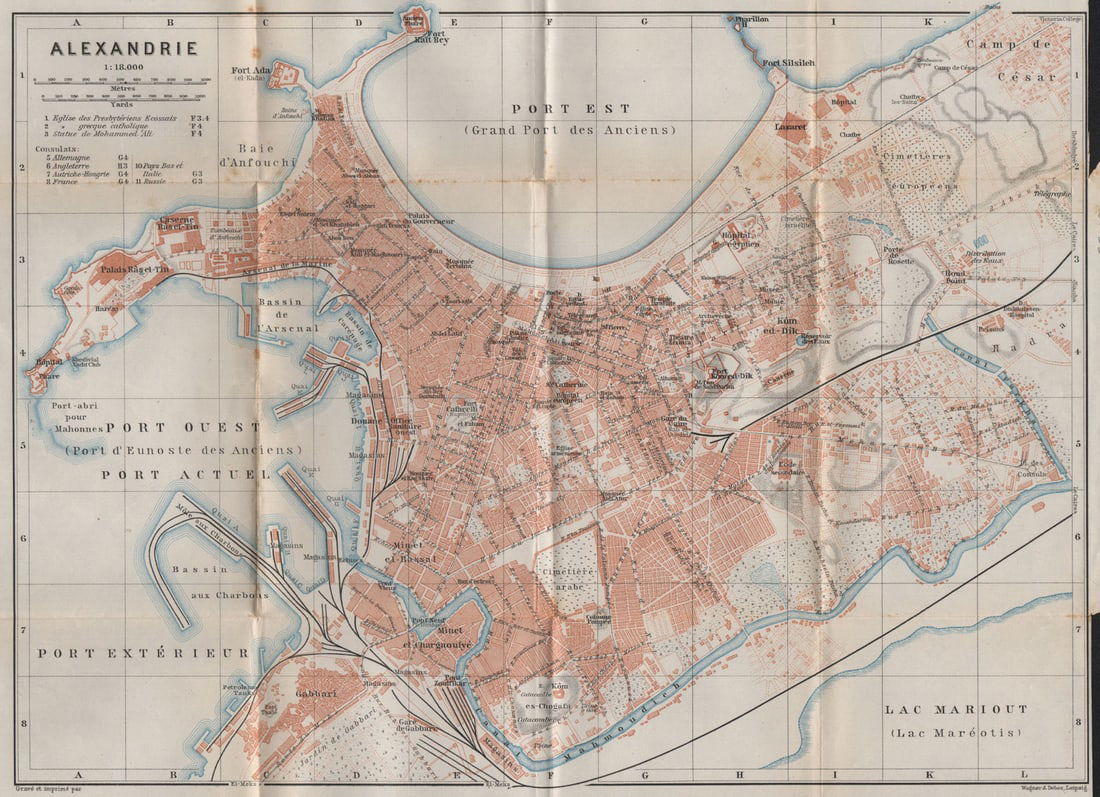 ALEXANDRIA/ALEXANDRIE antique town city plan. Egypt. BAEDEKER 1911 old map (1 of 1)