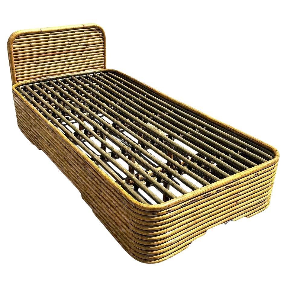 Restored Streamline Art Deco Stacked Rattan Single Size Bed Frame & Headboard: About the Item This beautifully restored Paul Frankl-inspired, stacked Streamline rattan single-size bed frame with matching headboard fashioned after the stylings made famous by Paul Frankl. The set