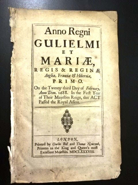 1688 Act Oath of Allegiance William and Mary: An English Act of Parliament passed in 1688 "…for removing and preventing all Questions and Disputes concerning the Assembling and Sitting of this present Parliament" including an oath of allegi