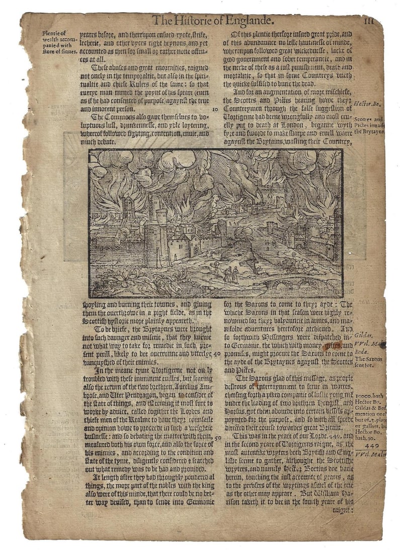 1577 Leaf English Battle Woodcut Holinshed: A leaf from Holinshed Historie of Erngland showing a battle at fortress during engagement against the Scots. Folio 111, Printed at London in 1577. Two large woodcuts, one each side. Very Good, interes