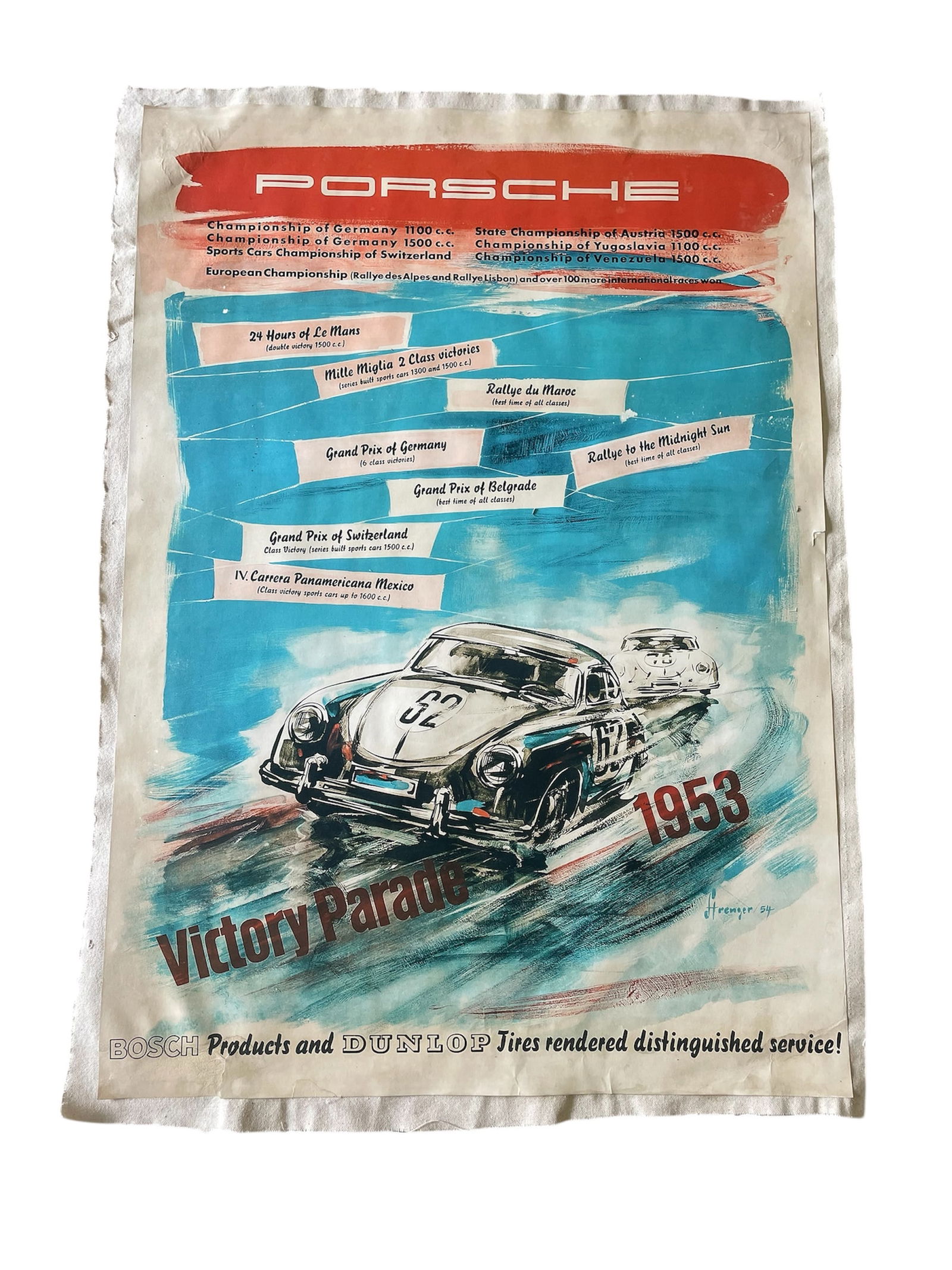 Porsche Victory Paradise Poster: Description: Porsche Victory Paradise Poster mounted onto linen and measuring at 23.5x33 inches, heavy damage as seen Date: 1953 Material: Fine Art Paper Reserve: $50.00 Shipping: Domestic: Flat-rate
