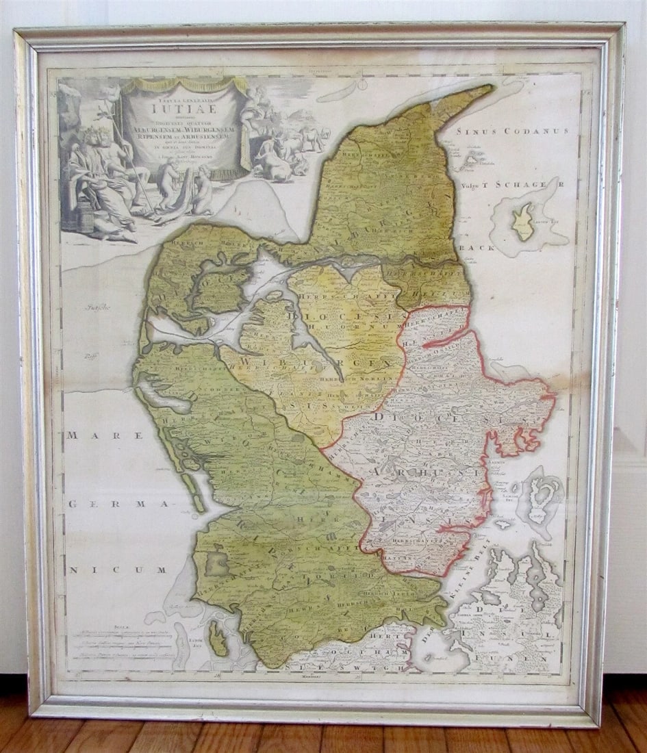 1710 HOMANN MAP OF DENMARK IUTIAE antique CAPT. JOHN SMITH antique: Framed under glass. Size (framed) 21.5 by 25.5" Tabula Generalis Iutiae This is a historically important and spectacular 1710 Homann map part of Denmark. Formally titled Tabula Generalis Iutiae. Featu