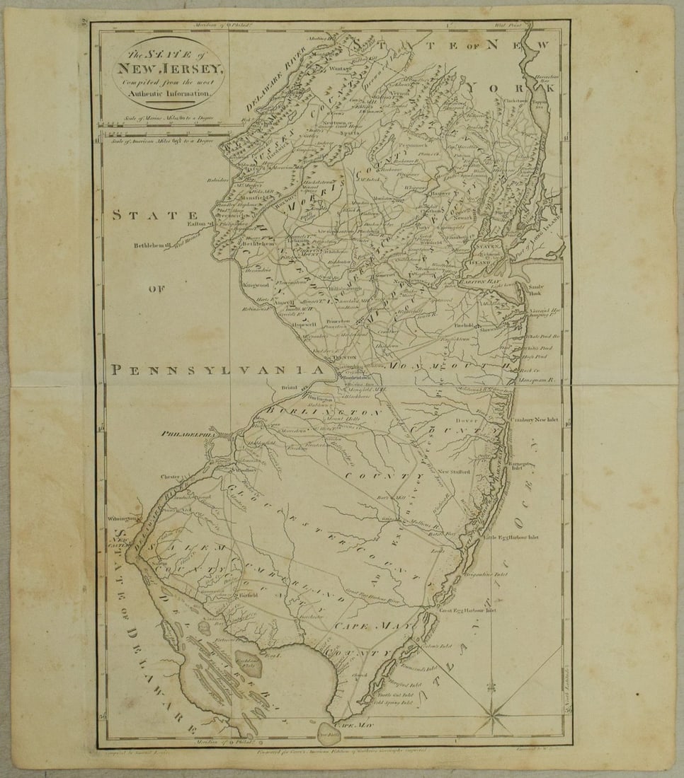 1805 Cary Map of New Jersey -- The State of New Jersey Compiled from the Most Authentic Information: Title: 1805 Cary Map of New Jersey -- The State of New Jersey Compiled from the Most Authentic Information Cartographer: M Carey Year / Place: 1805, Philadelphia Map Dimension (in.): 18.2 X 12 in. Thi
