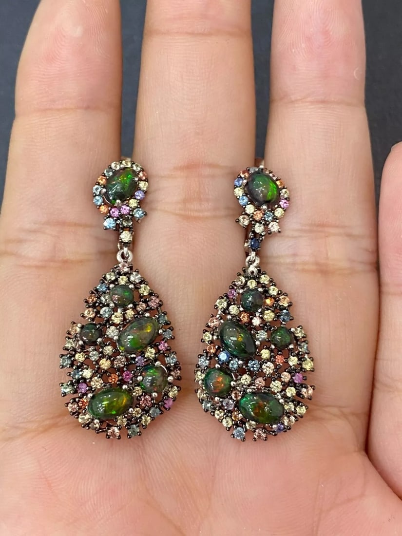 Sterling Silver Earrings with natutal Black Opal and Sapphires (1 of 4)