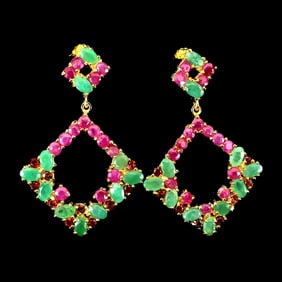 Sterling Silver Earrings with Emeralds and Ruby