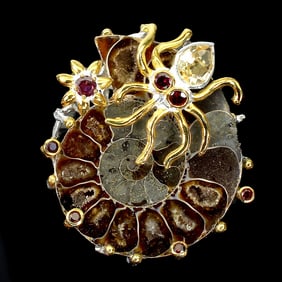Sterling Silver Pendant with Ammonite Fossil and Citrine