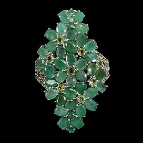Sterling Silver Ring with Emeralds, Peridot, Sapphires