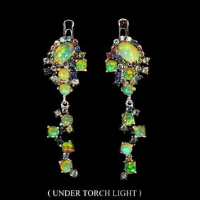 Sterling Silver Earrings with Fire Opals and Sapphires