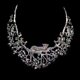 Sterling Silver Necklace with Emeralds, Marcasite, Ruby and Sapphires