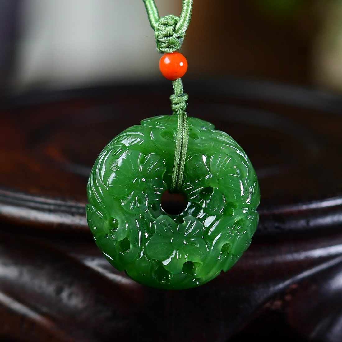 Chinese Green Hetian Jade Carved Flower Pendant w Certificate (1 of 5)