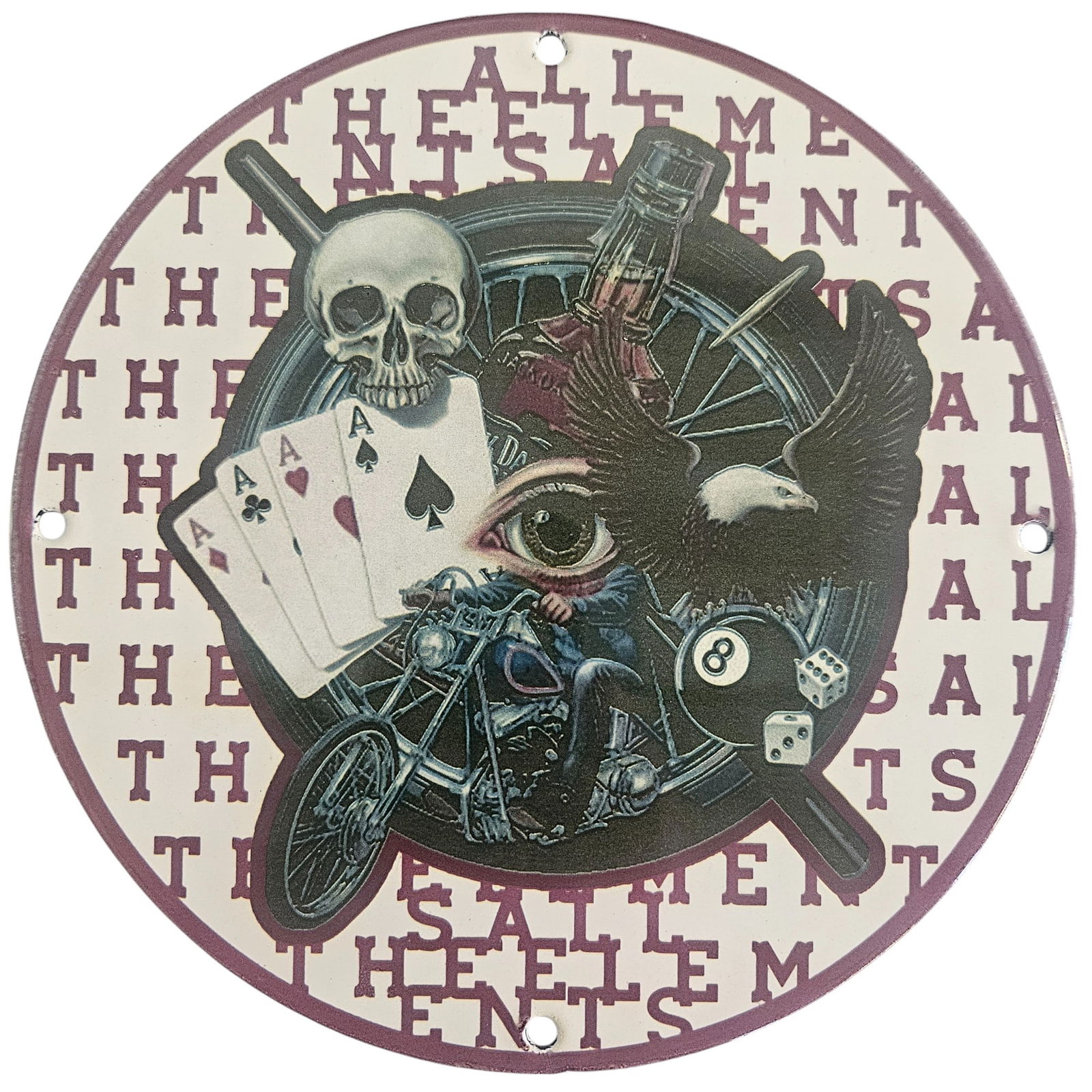 Unique David Mann Inspired Motorcycle Collectible Porcelain Sign - 8" Diameter: Experience the thrill of the open road with this stunning 8-inch porcelain sign inspired by the legendary artwork of David Mann. Perfect for motorcycle enthusiasts and collectors alike, this sign embo