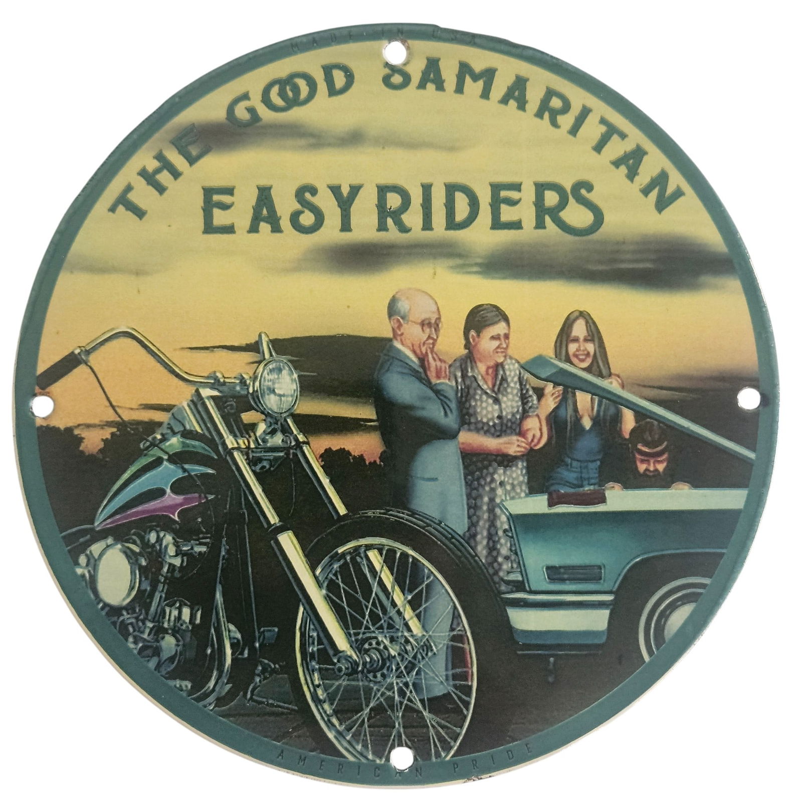 Vintage David Mann Inspired Motorcycle Porcelain Sign - Easy Riders Collectible Art: Discover the charm of this exquisite porcelain sign featuring artwork inspired by the renowned artist David Mann, famous for his vivid representations of motorcycle culture. Measuring 8 inches in diam