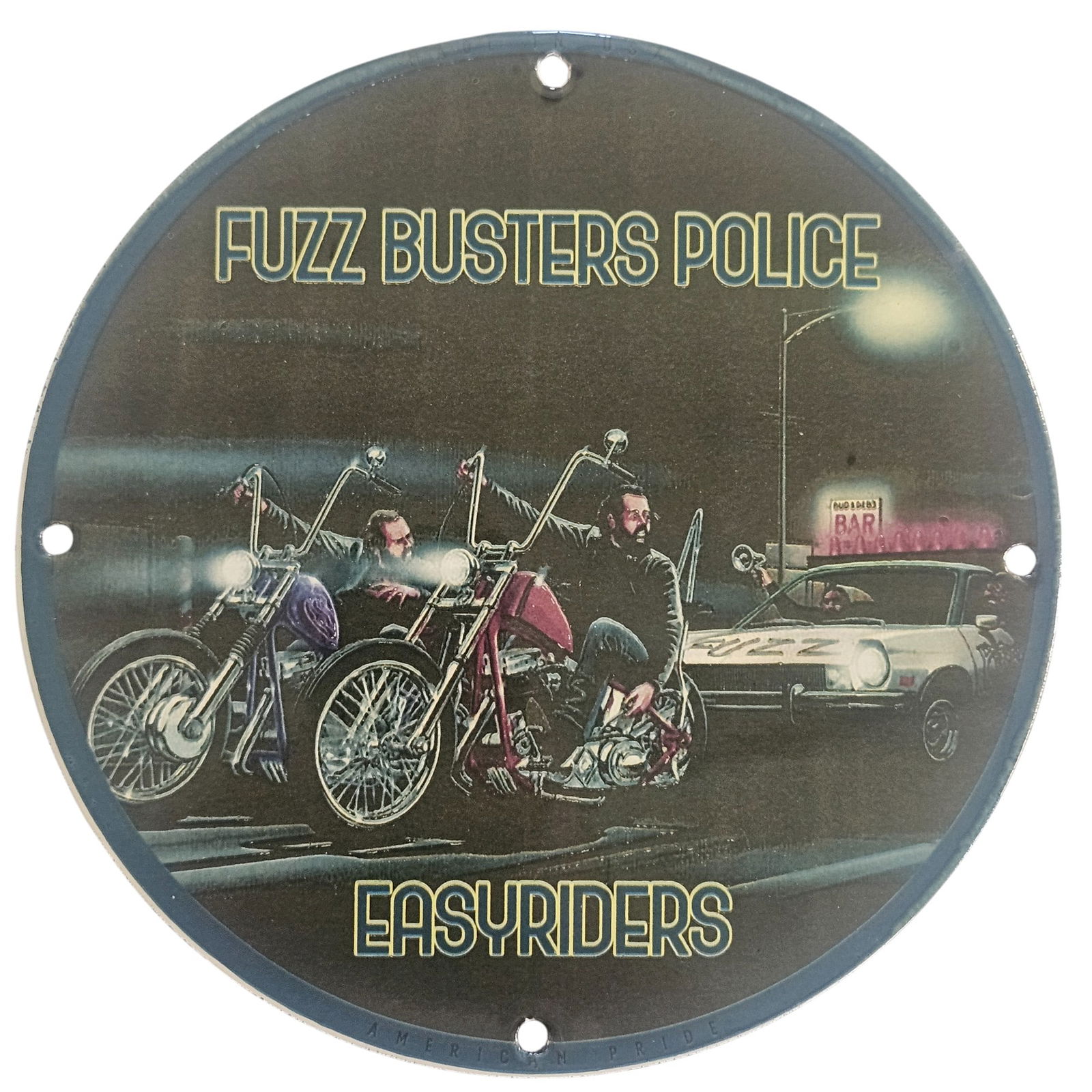 Collector's Dream: David Mann Inspired Fuzz Busters Police Easyriders Porcelain Sign - 8" Diameter: Elevate your motorcycle memorabilia collection with this stunning 8-inch diameter porcelain sign inspired by the legendary artist, David Mann. This vintage-style sign features the iconic 'Fuzz Busters