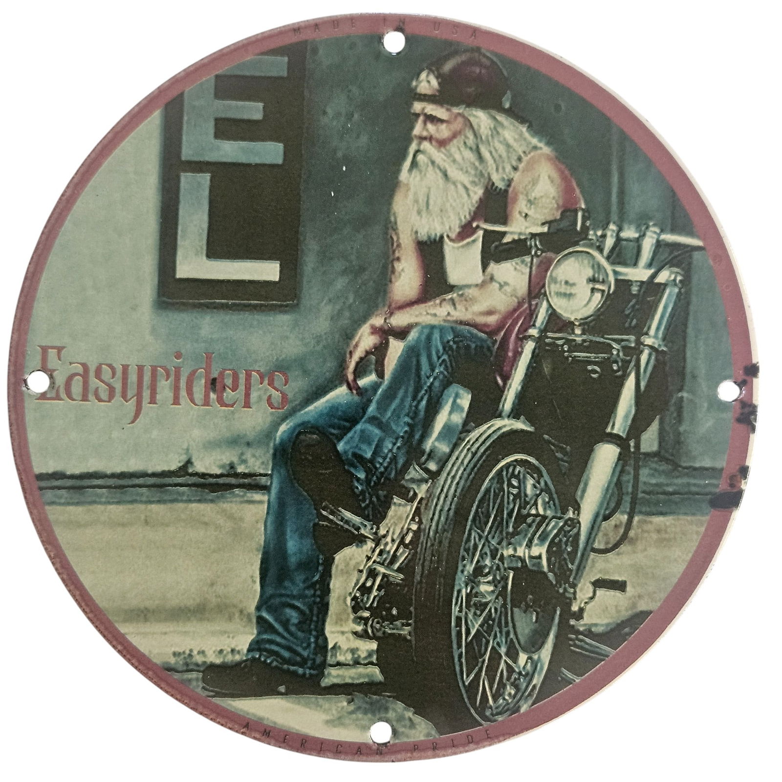David Mann Inspired Easyriders Motorcycle Collectible Porcelain Sign - 8" Diameter: This exquisite porcelain sign inspired by the legendary David Mann captures the essence of motorcycle culture and freedom on the open road. Measuring 8 inches in diameter, this collectible artwork fea