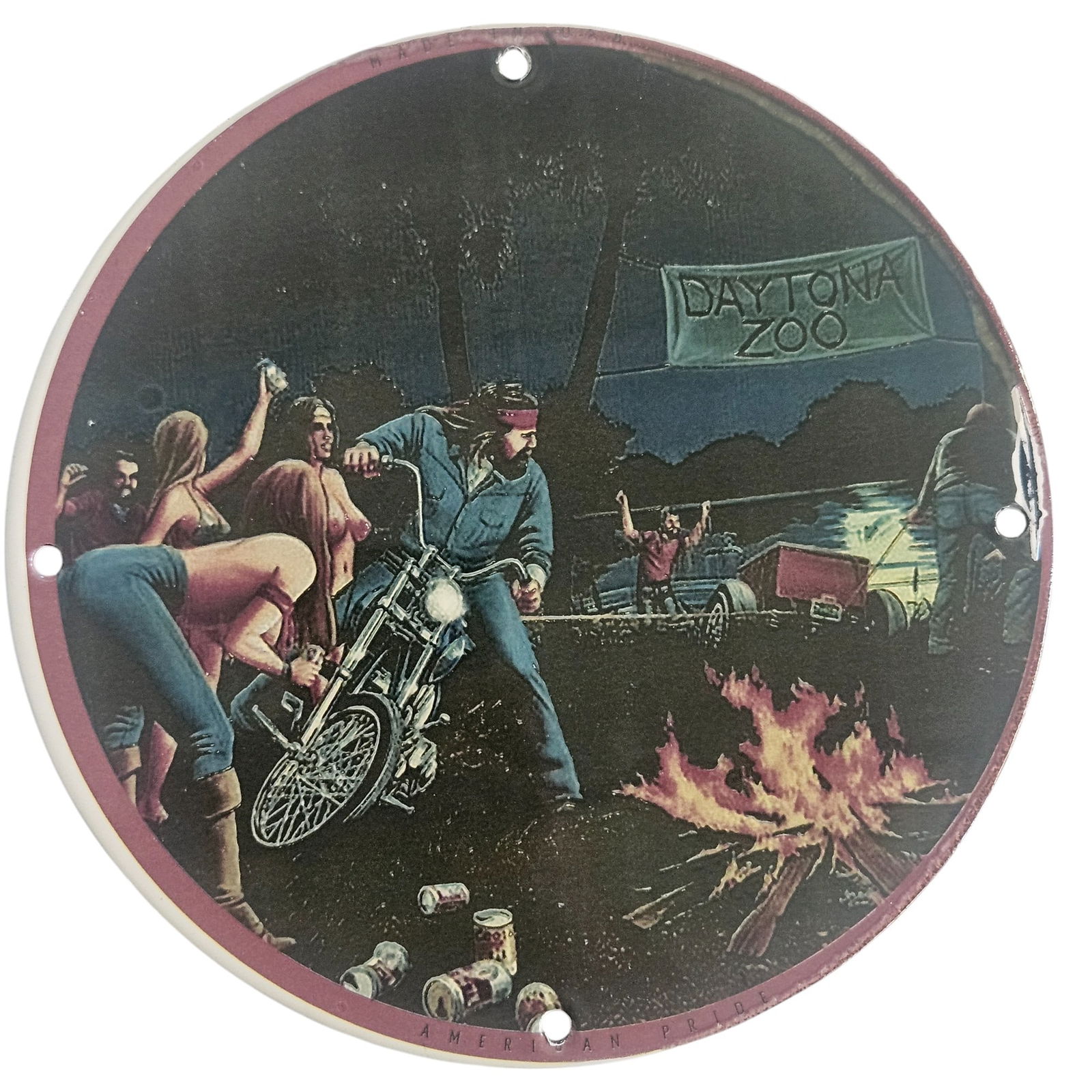 David Mann Inspired Daytona Zoo Motorcycle Collectible Porcelain Sign - 8" Diameter: Discover a unique piece of motorcycle art with this stunning David Mann inspired porcelain sign, perfect for collectors and biking enthusiasts. Measuring 8 inches in diameter, this vintage-style sign