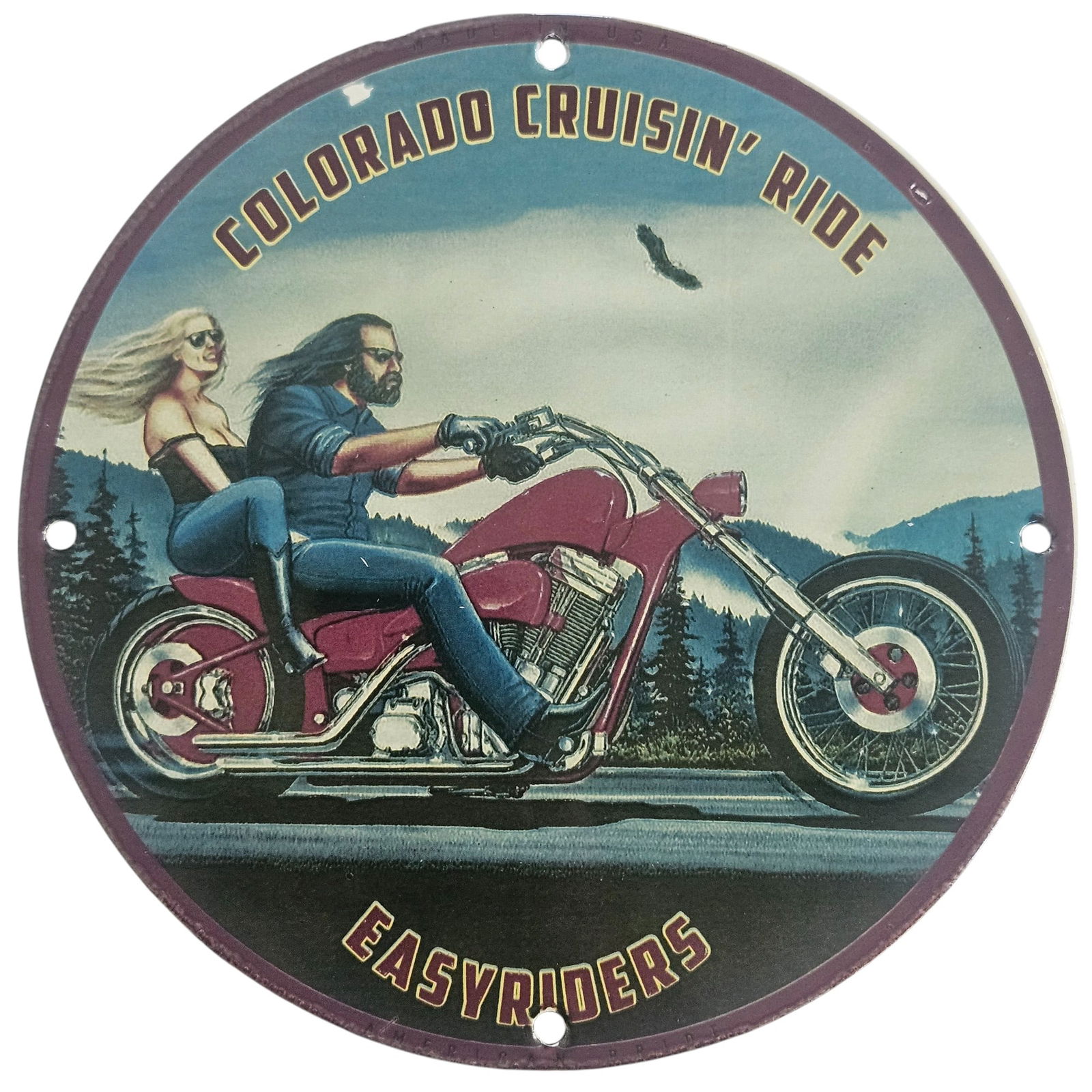 David Mann Inspired Colorado Cruisin' Ride Motorcycle Porcelain Sign - 8 Inch Collectible: Celebrate the spirit of freedom and adventure with this stunning 8-inch porcelain sign, inspired by the legendary artist David Mann. This collectible piece features an exhilarating motorcycle scene th