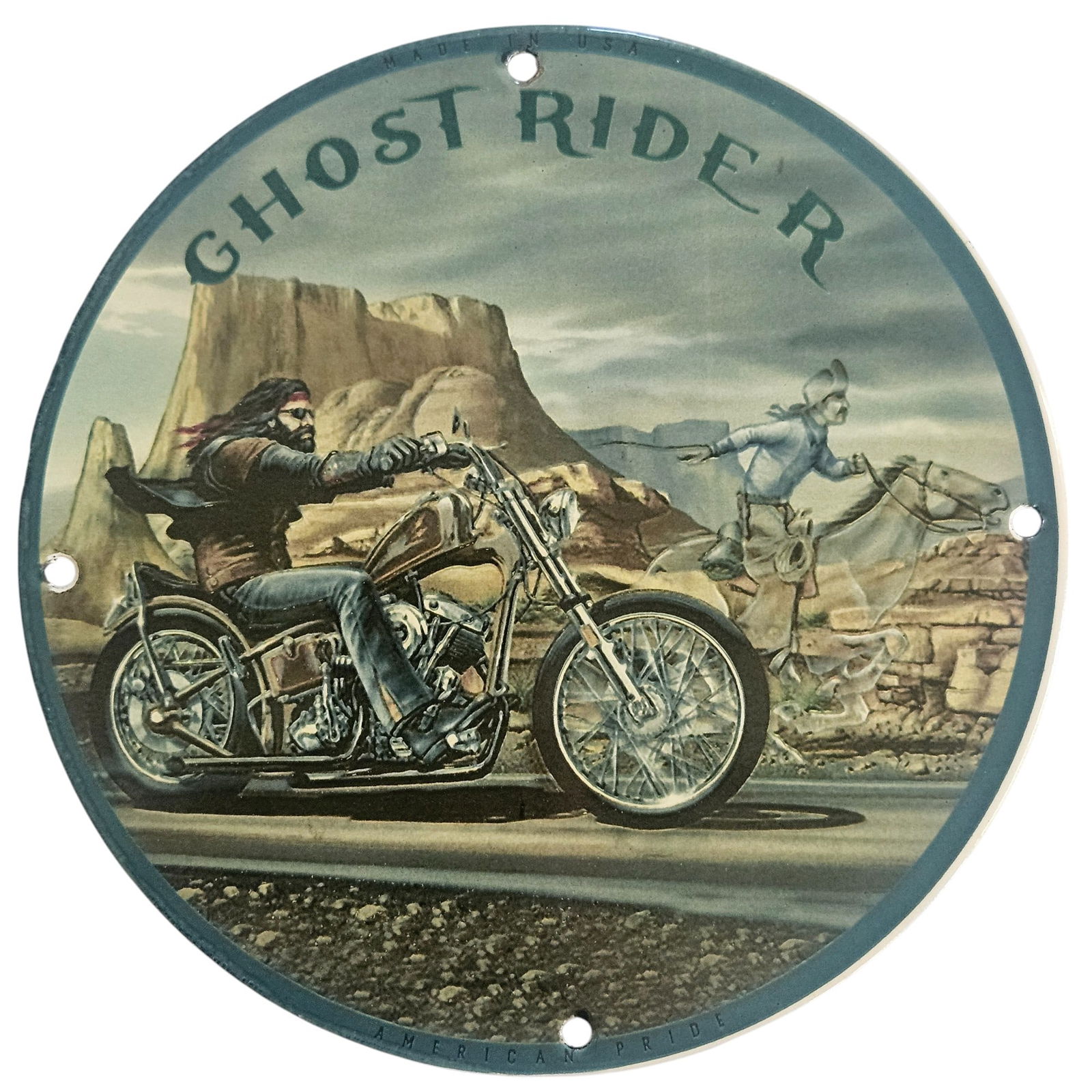 David Mann Inspired Ghost Rider Motorcycle Porcelain Sign - 8-Inch Collectible: Celebrate the spirit of the open road with this stunning 8-inch porcelain sign inspired by the legendary motorcycle artist David Mann. Renowned for his iconic depictions of biker culture, Mann capture