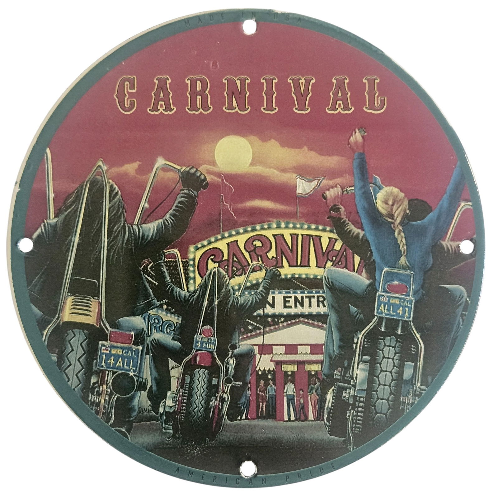 David Mann Inspired Motorcycle Porcelain Sign: Carnival Adventure (8-inch): This exquisite 8-inch diameter porcelain sign celebrates the rebellious spirit of motorcycle culture, featuring a vibrant design inspired by the legendary artist David Mann. The captivating artwork tr