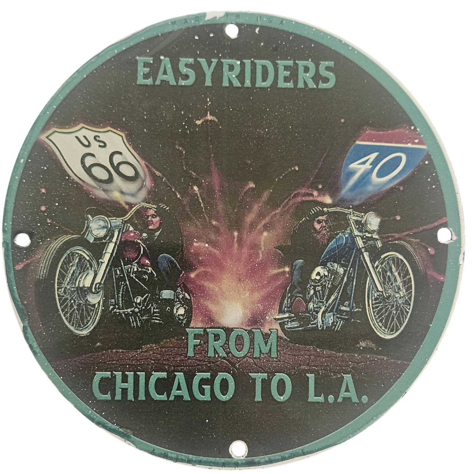 David Mann Inspired Porcelain Motorcycle Sign: Easy Riders from Chicago to L.A.: If you are a motorcycle enthusiast or a collector of unique memorabilia, this stunning porcelain sign inspired by the legendary artist David Mann is a must-have addition to your collection. Measuring