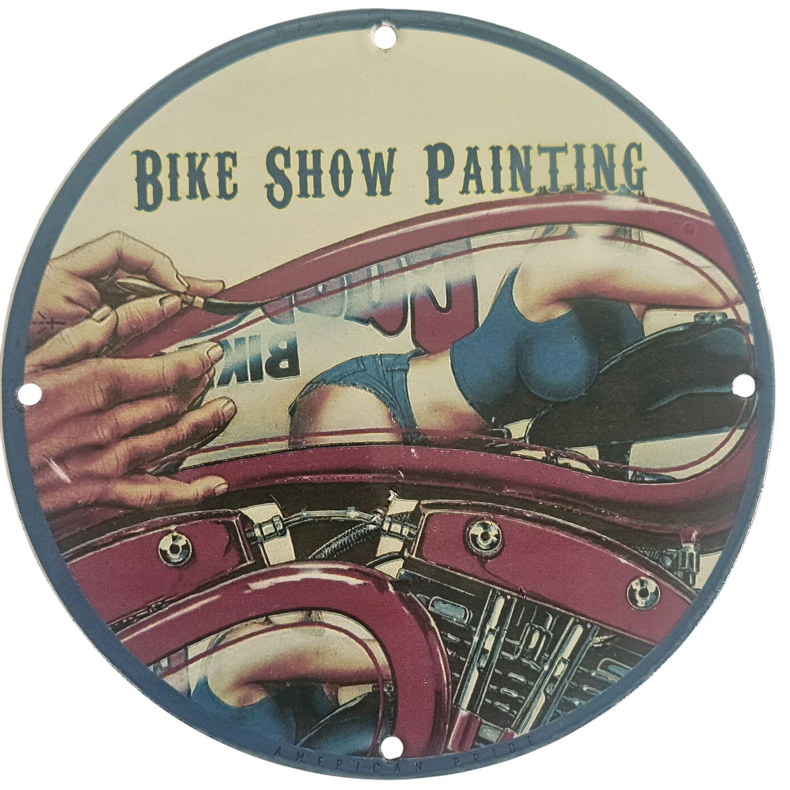Stunning 8-Inch Porcelain Motorcycle Sign - David Mann Inspired Artwork for Collectors: Dive into the world of motorcycle culture with this exquisite 8-inch diameter porcelain sign, inspired by the legendary artist David Mann. Known for his captivating depictions of motorbike life, Mann'