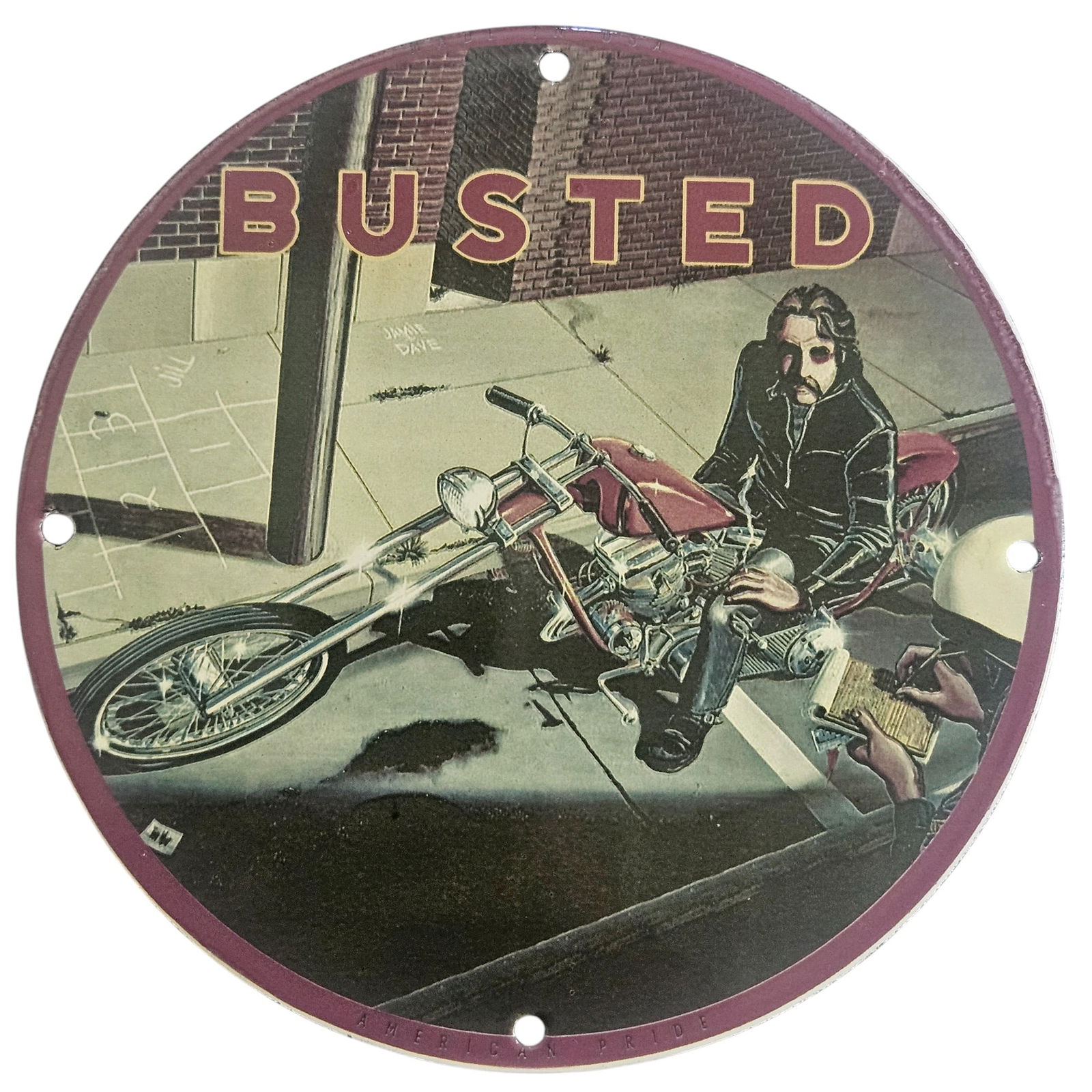 BUSTED: David Mann Inspired Motorcycle Collectible Porcelain Sign - 8" Diameter: Discover an exceptional piece of road artwork with this 8-inch diameter porcelain sign featuring the striking and detailed illustration inspired by the legendary motorcycle artist David Mann. The sign